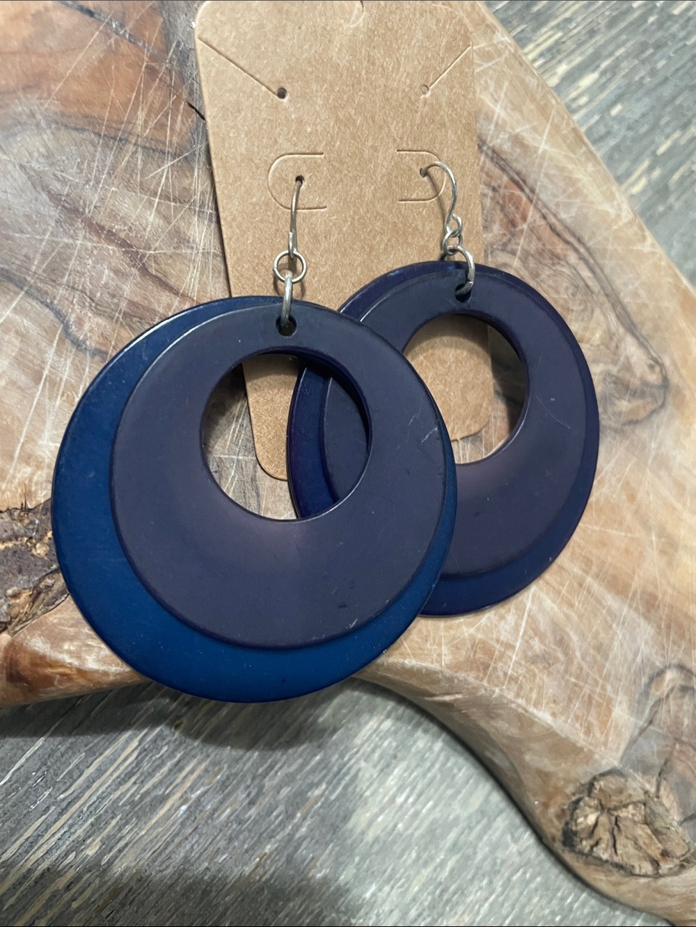 Dark Blue Double Ring Drop Earrings